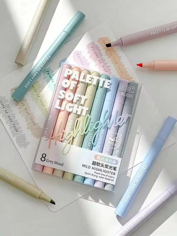 8pcs Ultra Soft Tip "Soft Light" Highlighter Pens, Ideal For Students And Office Workers, Perfect For Doodling, Journaling, Marking And Writing. Can Be Used As School Supplies, Holiday Gifts, Student Stationery, Back To School Gifts, Art Supplies, Etc.