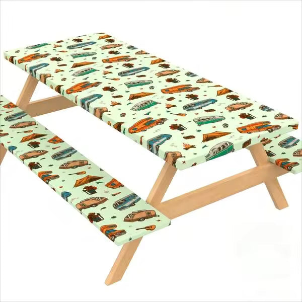 72"X30" Elastic Fitted Camping Table Cover With Bench Covers, Picnic Tablecloth Fits 6ft Rectangular Tables & Seats, Polyester Washable Waterproof Spill Resistant Oil-Proof, Windproof Outdoor Patio RV Camping Essentials