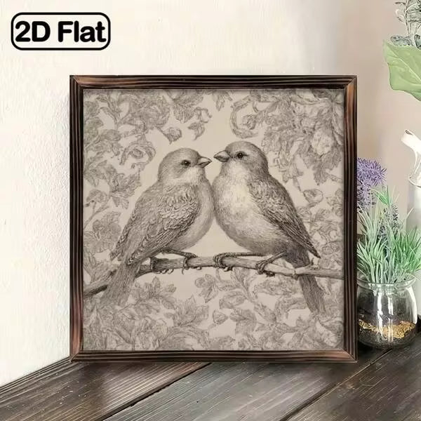 Vintage Farmhouse-Style Wall Art, Depicting A Pair Of Birds On Beige Floral Branches, With A Brown FrameThis Rustic Decoration Measures 8X 8inch And Is Ready To Use, Suitable For Hanging In The Living Room, Kitchen, Cafe, Or At Weddings
